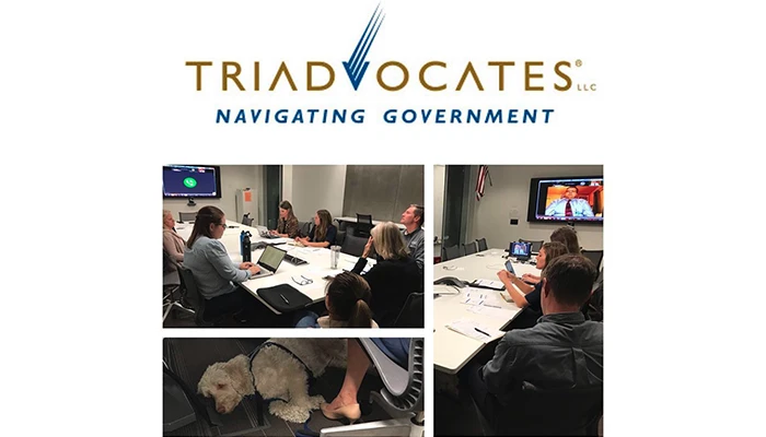 Triadvocates Logo with group picture, a service dog, and a third group picture.